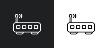 İnternet modem ana hatları simgesi beyaz ve siyah renklerde. Web, mobil uygulamalar ve ui için kullanıcı arayüzü koleksiyonundan internet modem düz vektör simgesi.