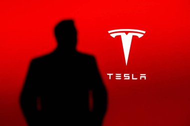 New York, ABD, 2. Ekim 2022: İş adamı ve yatırımcı Elon Musk 'un silueti, Tesla Şirketi logosu