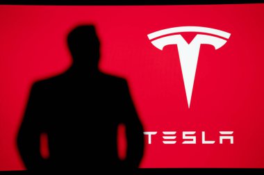 New York, ABD, 2. Ekim 2022: Tesla Şirketi. Musk Vakfı başkanı ve Tesla Şirketi 'nin sahibi ve CEO' su iş adamı ve yatırımcı Elon Musk 'un silueti..