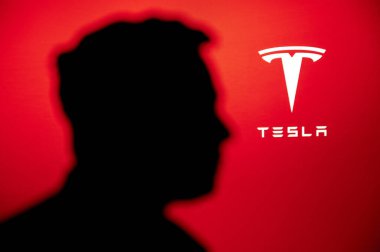 New York, ABD, 2. Ekim 2022: İş adamı ve yatırımcı Elon Musk 'ın Portresi, Tesla Şirketi logosu