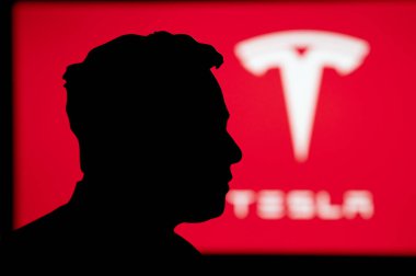 New York, ABD, 2. Ekim 2022: Elon Musk 'un silueti, kırmızı arkaplanda Tesla' nın reklam panosu