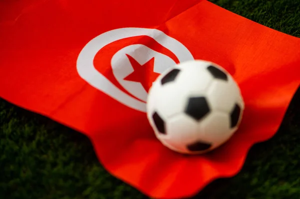 Tunisia National Football Team National Flag Green Grass Soccer Ball — Stock Photo, Image