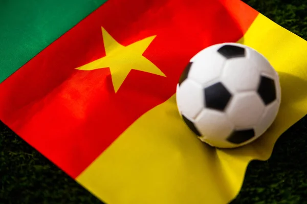 Kameroen Nationaal Voetbalteam Nationale Vlag Groen Gras Voetbal Voetbal Wallpaper — Stockfoto