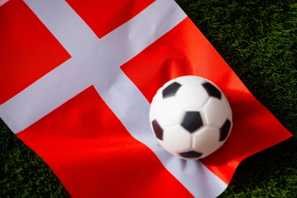 Denmark National Football Team National Flag Green Grass Soccer Ball — Stock Photo, Image