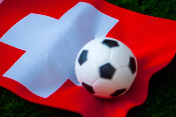 Switzerland National Football Team National Flag Green Grass Soccer Ball — Stock Photo, Image