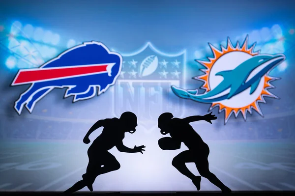Buffalo Usa January 2023 Miami Dolphins Buffalo Bill Nfl野生卡第2023轮 两名Nfl美式足球运动员互相对抗的轮廓 — 图库照片