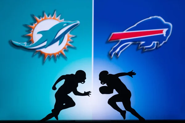 Buffalo Usa January 2023 Miami Dolphins Buffalo Bill Nfl野生卡第2023轮 两名Nfl美式足球运动员互相对抗的轮廓 — 图库照片