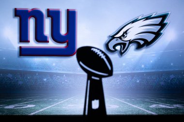 PHILADELPHIA, USA, JANUARY 18, 2023: New York Giants vs. Philadelphia Eagles. NFL Divisional Round 2023, Silhouette of Vince Lombardi Trophy for the winner of National Football League.