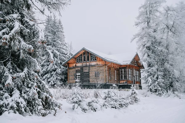 Cozy Wooden Cabin Nestled Winter Wonderland Fresh Snow Surrounded Towering — Stockfoto