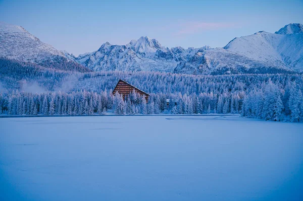 Tranquility Winter Morning Strbske Pleso Lake Surrounded Snow Covered High — Stock Photo, Image