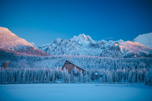 Peaceful Serene View Strbske Pleso Lake Surrounded Snow Capped High — 스톡 사진