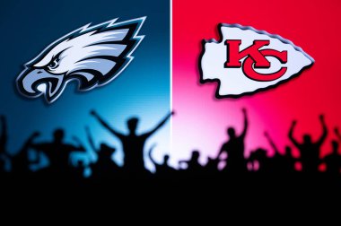 PHOENIX, USA, 30 JANUARY 3, 2023: Philadelphia Eagles vs. Kansas City Chiefs. Black Silhouette of fans supporting the team and cheering for the players during Super Bowl LVII, Finals of 2023 Season