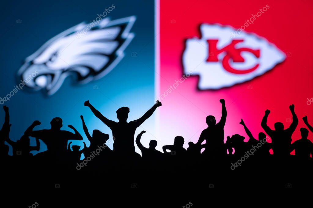 PHOENIX, USA, 30 JANUARY 3, 2023: Philadelphia Eagles vs. Kansas City Chiefs. Fans cheers at Super Bowl LVII, 2023 final NFL Game