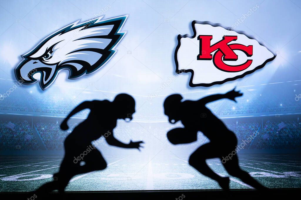 PHOENIX, USA, 30 JANUARY 3, 2023: Philadelphia Eagles vs. Kansas City Chiefs. Super Bowl LVII wallpaper. Two players silhouette