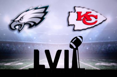 PHOENIX, USA, 30 JANUARY 3, 2023: Philadelphia Eagles vs. Kansas City Chiefs. Super Bowl LVII, 2023 final NFL Game. Black Silhouette of Vince Lombardi Trophy for the winner of National Football League