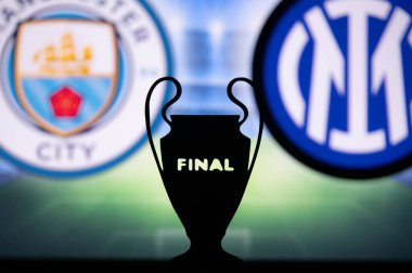 ISTANBUL, TURKEY, 31 Mayıs 2023, Manchester City (ENG) - Inter Milan (ITA). UEFA Şampiyonlar Ligi Finali 2023, İstanbul, Türkiye, futbol, UCL Kupası Silueti, Atatürk Olimpiyat Stadyumu