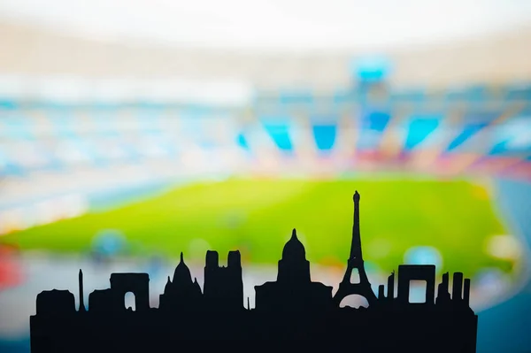 Parisul Dezvăluit Silueta Reperelor Iconice Ale Orașului Înapoi Abandonată Stadion — Fotografie, imagine de stoc