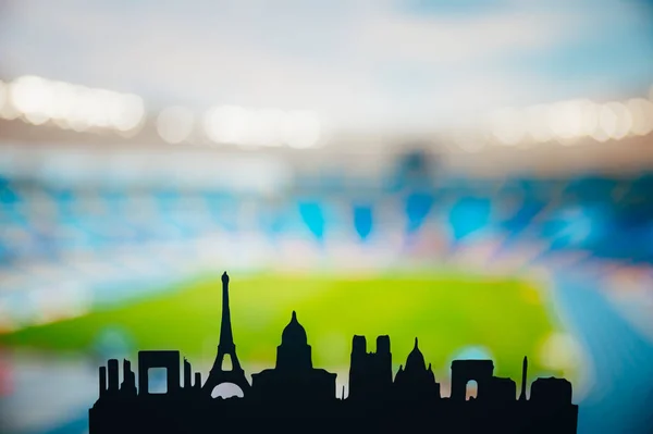 Paris Açılışı Şehrin Konik Simgelerinin Silueti Modern Spor Stadyumuna Bırakıldı — Stok fotoğraf