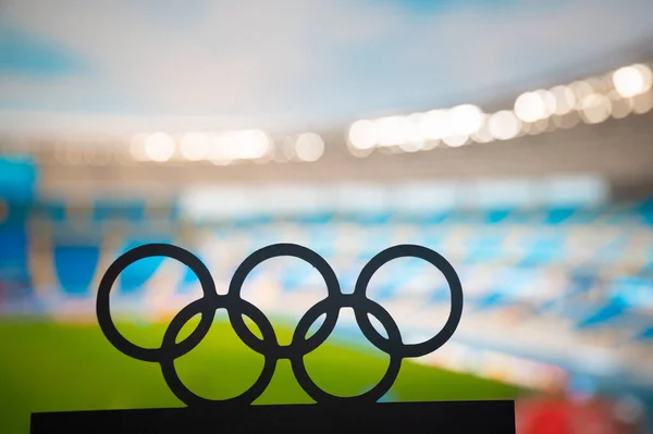 Paris Franța Iulie 2023 Silueta Inelelor Olimpice Cuprinzând Magnificitatea Stadionului — Fotografie, imagine de stoc