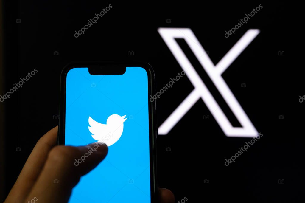 CALIFORNIA, USA, 24. JULY 2023: New logo of Twitter. Smartphone using old logo of twitter. New logo in background