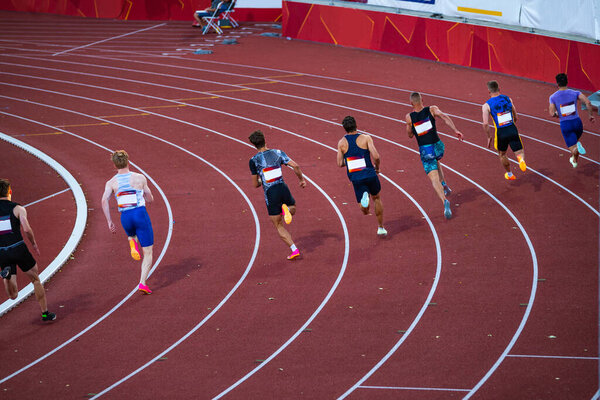 Competitive Sprinters Racing in 200m Event at Track and Field Championship: Track and Field Illustration Photo for Worlds in Budapest and Games in Paris
