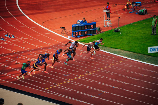 OSTRAVA, CZECHIA, JUNE 27, 2023: 100m Sprint Male Race Visualized During Track and Field Meet for Worlds in Budapest and Summer olympic Games in Paris