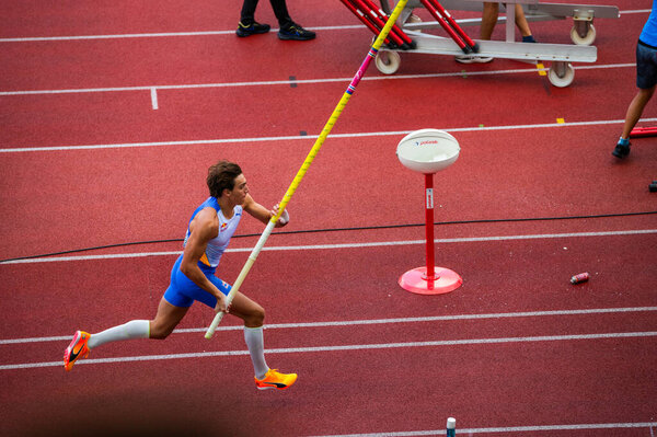 OSTRAVA, CZECHIA, JUNE 27, 2023: Armand Mondo Duplantis before jump in pole vault competition