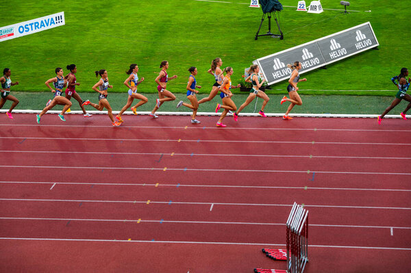 OSTRAVA, CZECHIA, JUNE 27, 2023: Intense 1500m Female Race Visual at Track and Field Meet for Worlds in Budapest and Summer olympic Games in Pari