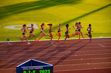 B. BYSTRICA, SLOVAKIA, 20 Temmuz 2023: Hareketteki Zarafet: Budapeşte 'deki Dünya ve Paris' teki Yaz Olimpiyatları Pist ve Saha Mekanı 'nda Resim Günbatımı Işığı altında 800 metre koşuda bayan sporcular Excel