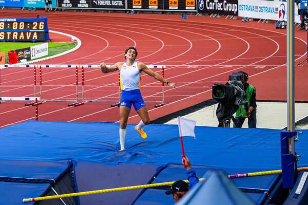 OSTRAVA, CZECHIA, JUNE 27, 2023: Armand Mondo Duplantis 's Successful Pole Vault in Track and Field Championship for Worlds in Budapest and Games in Paris