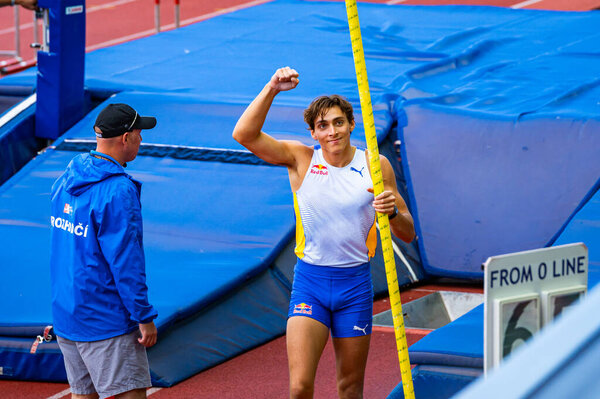 OSTRAVA, CZECHIA, JUNE 27, 2023: Aerial Success: Armand Mondo Duplantis' Clearing of Pole Vault Height in Track and Field Venue for Worlds in Budapest and Games in Paris