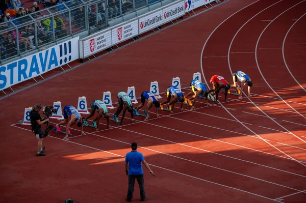 Ostrava Czechia June 2023 Athletes Start Sprint Race Displayed Track — Stock Photo, Image