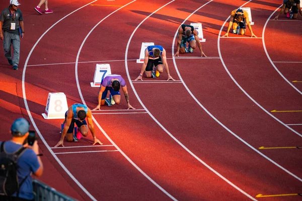 Bystrica Slovakia July 2023 Male Sprinters Poised Beginning 200M Race — Stock Photo, Image