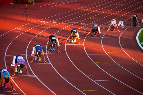Bystrica Slovakia July 2023 Male Sprinters Assembled Starting Line 200M — Stock Photo, Image