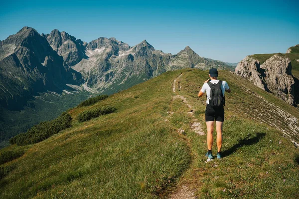 Genç bir turist Belianske Tatras 'ın canlı yamacında dinginlik ve merak bulur, arka planda nefes kesici bir manzara sunan ikonik High Tatras ile