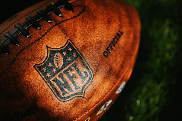 stock image NEW YORK, USA, SEPTEMBER 11, 2023: NFL Icon on Leather: A Detailed Look - Official Ball of National Football League