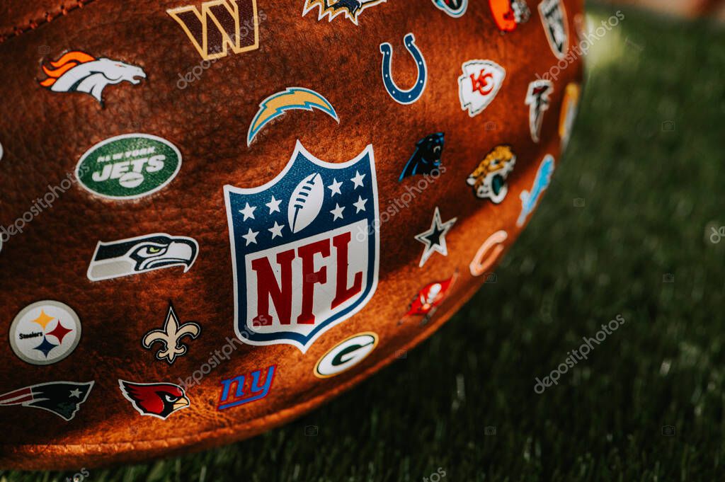 NEW YORK, USA, SEPTEMBER 11, 2023: Detailed View of the NFL Leather Ball - Official Ball of National Football League with logos of the teams placed on the ball