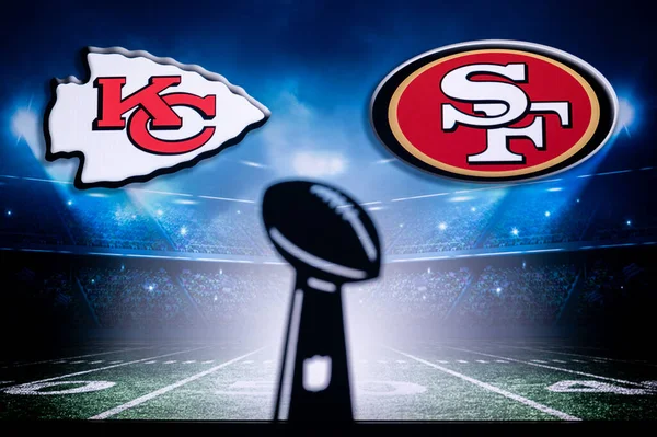 stock image LAS VEGAS, NEVADA, USA, JANUARY 29, 2024: Super Bowl LVIII, the 58th Super Bowl, Kansas City Chiefs vs. The San Francisco 49ers at Allegiant Stadium. NFL finals, Vince Lombardi Trophy Silhouette