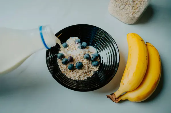 Banana Bliss Plate Nutritious Mix Milk Oats Fresh Fruit — Stock Photo, Image