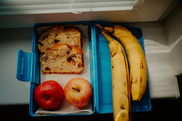 Breakfast Packaging School Work Banana Apples Banana Bread Wrapped Snack — Stock Photo, Image