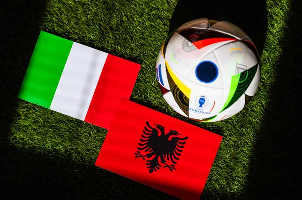 stock image LEIPZIG, GERMANY, APRIL 17, 2024: Italy vs Albania, Euro 2024 Group B football match at BVB Stadion Dortmund, Dortmund, 15 June 2024, official ball on green grass