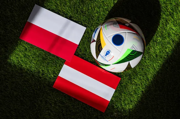 stock image LEIPZIG, GERMANY, APRIL 17, 2024: Poland vs Austria, Euro 2024 Group D football match at Olympiastadion, Berlin, 21 June 2024, official ball on green grass