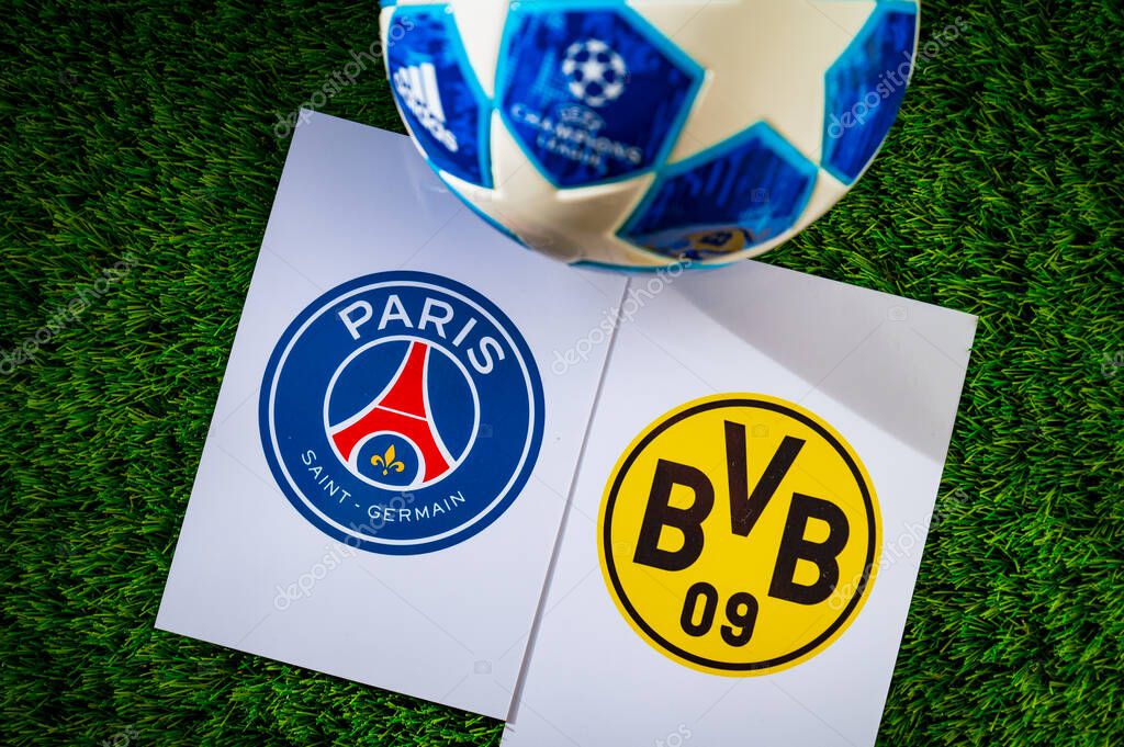 PARIS, FRANCE, APRIL 28. 2024: Paris Saint-Germain (FRA) vs Borussia Dortmund (GER). Semifinals of football UEFA Champions League 2024 in Europe. Logo of teams and official soccer ball on green grass