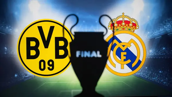 stock image WEMBLEY, ENGLAND, MAY 10, 2024: Final of UEFA Champions League 2024 Borussia Dortmund (GER) vs Real Madrid (ESP) played at Wembley stadium in London. Silhouette of official Trophy