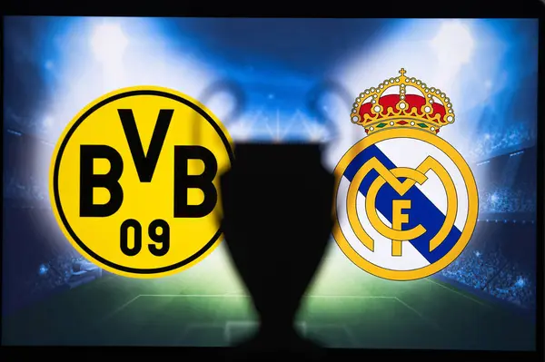 stock image LONDON, ENGLAND, MAY 10, 2024: Borussia Dortmund (GER) vs Real Madrid (ESP). Final of UEFA Champions League 2024. UCL football final game at Wembley stadium. Silhouette of Trophy