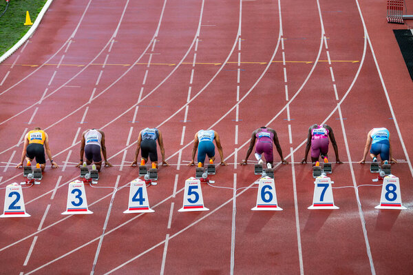 OSTRAVA, CZECHIA, MAY 28, 2024: Elite Sprinters Set for the 100-Meter Sprint. Pre race before summer olympics Paris 2024 and European Championship