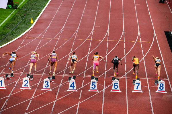 OSTRAVA, CZECHIA, MAY 28, 2024: Top Female Athletes Ready for the 100-Meter Race. Running form Start blocks.