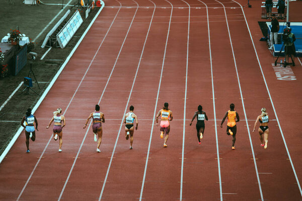 OSTRAVA, CZECHIA, MAY 28, 2024: Sprint 100 m race. Dynamic track and field Athletics photo. Pre race before summer olympics Paris 2024 and European Championship