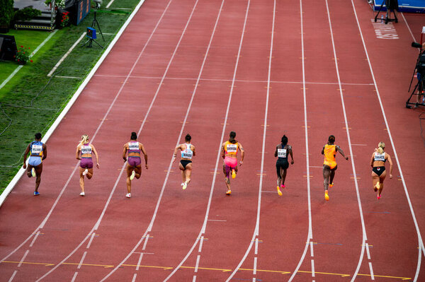 OSTRAVA, CZECHIA, MAY 28, 2024: Female Athletes Sprinting to the Finish Line in a Thrilling 100m Race. Pre race before summer olympics Paris 2024 and European Championship