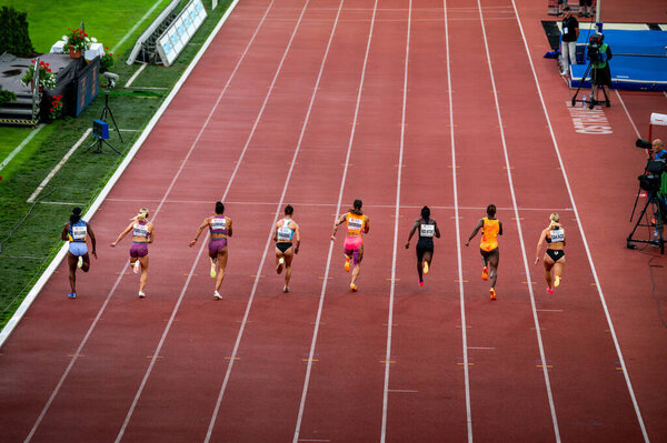 OSTRAVA, CZECHIA, MAY 28, 2024: 100 meters Female Sprint. Track and Field photo. Dynamic moment from Athletics Race. Pre race before summer olympics Paris 2024 and European Championship